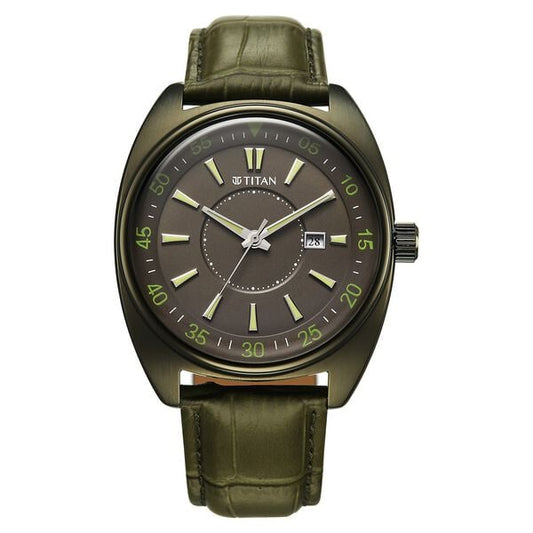 Titan, Men's, Analog Watch, Green Dial, with Leather Band, TI-90211QL01