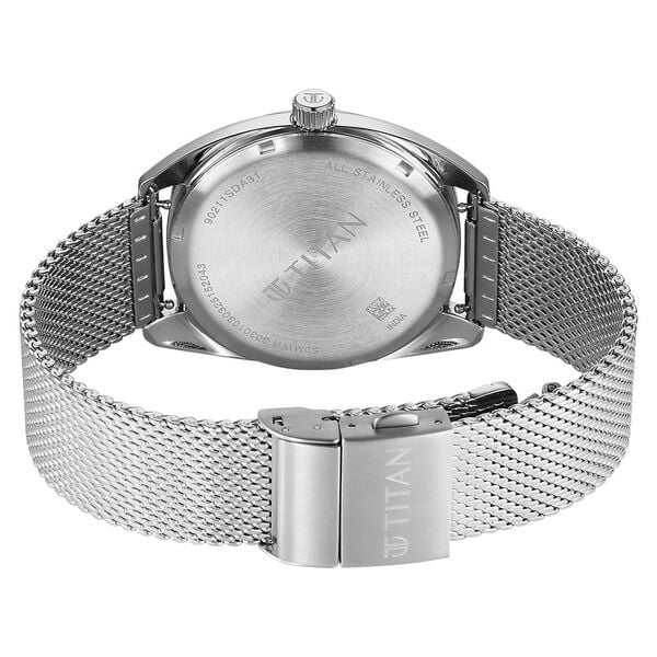 Titan Tonneau Analog Men's Watch with Date and Blue Dial Mesh and Stainless Steel Strap, 90211SM01