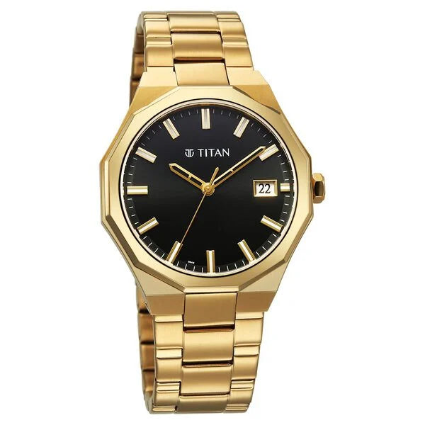 Titan Regalia Men's Analog Watch Black Dial With Golden Stainless Steel Band , 90212YM01