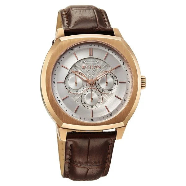 Titan Regalia Men's Analog Watch Silver Dial With Brown Leather Strap , 90213WL01