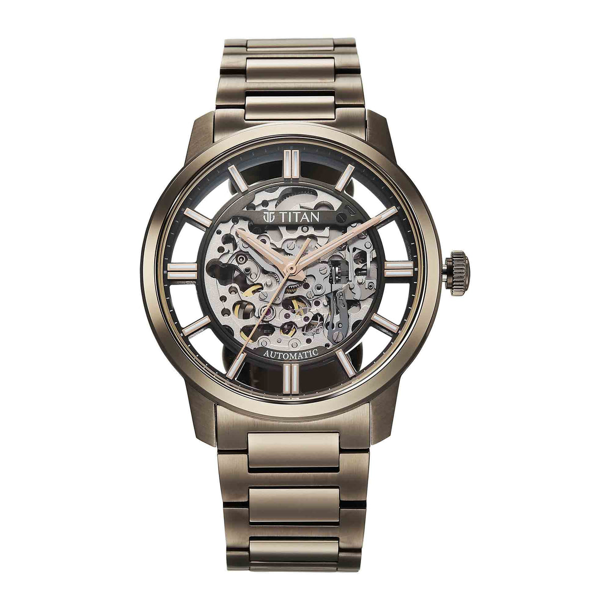 Titan Men's Automatic Watch Silver Dial with Brown Stainless Steel Band, 90220QM01