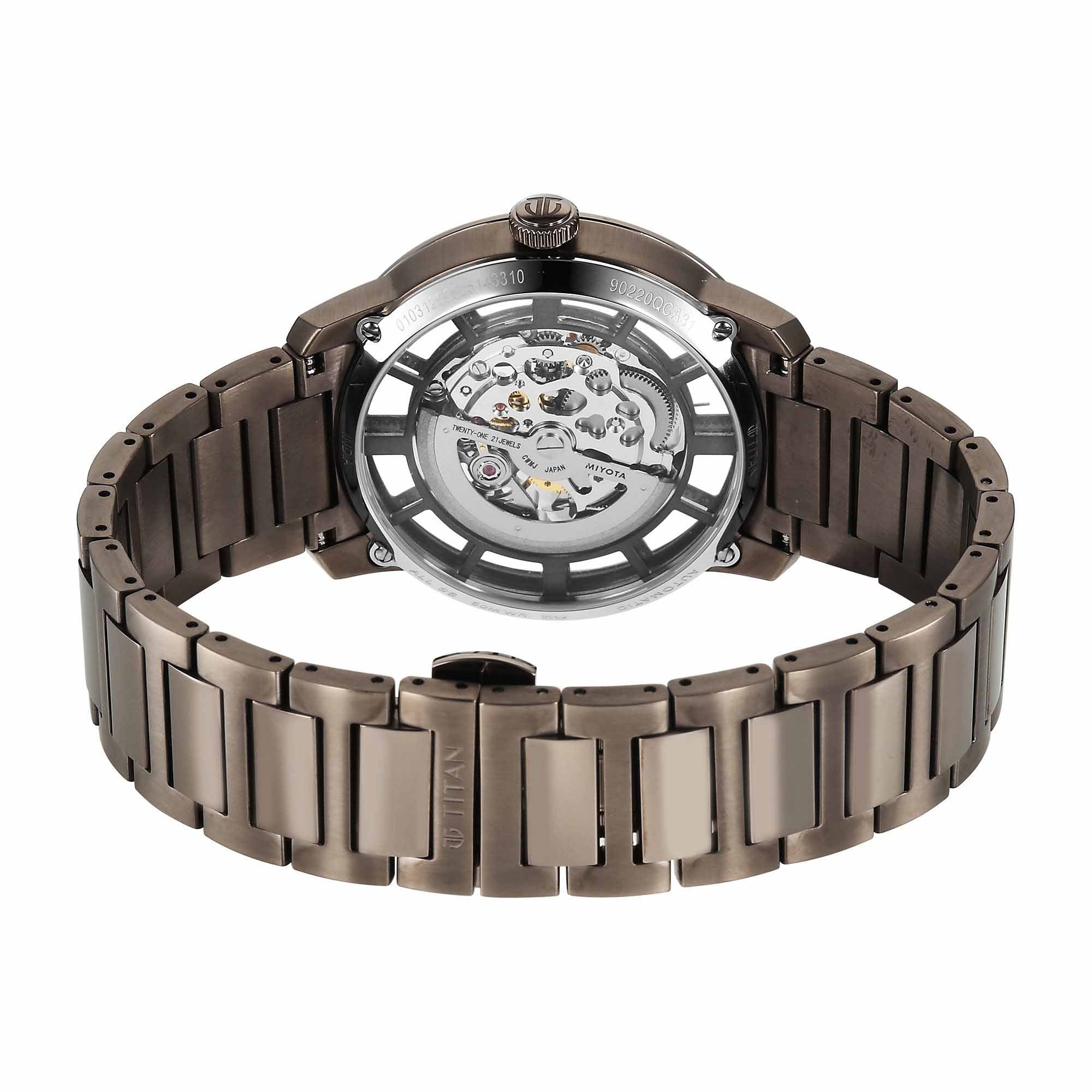 Titan Men's Automatic Watch Silver Dial with Brown Stainless Steel Band, 90220QM01