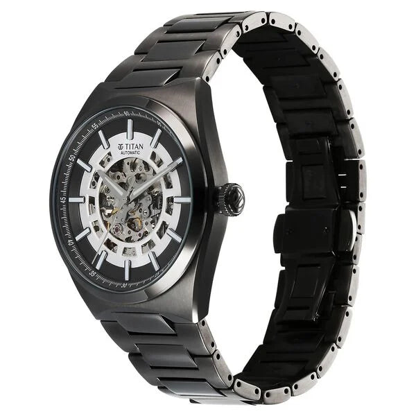 Titan Skeletal Men's Automatic Analog with Gun Dial with Grey Stainless Steel Strap Watch 90221QM02
