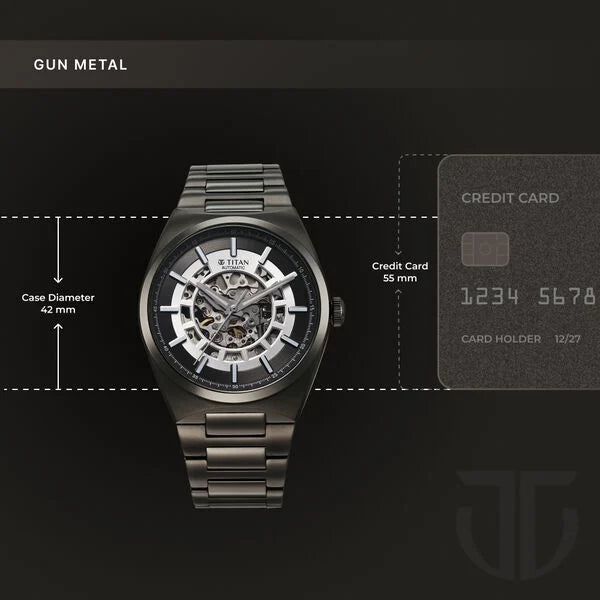 Titan Skeletal Men's Automatic Analog with Gun Dial with Grey Stainless Steel Strap Watch 90221QM02