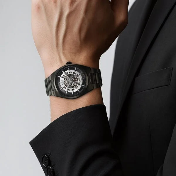 Titan Skeletal Men's Automatic Analog with Gun Dial with Grey Stainless Steel Strap Watch 90221QM02