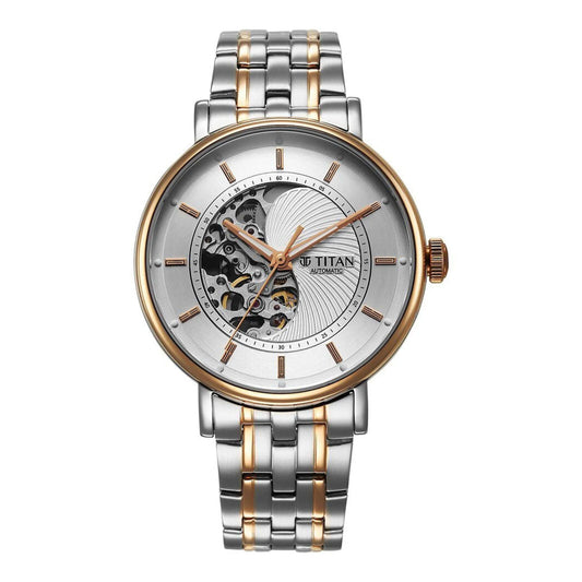 Titan Yin Yang Skeletal Men's Automatic Watch Silver Dial With Two Tone Stainless Steel Band, 90222KM01
