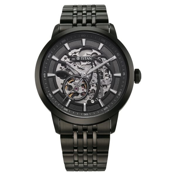 Titan Phoenix Skeletal Men's Automatic Watch Black Dial With Black Tone Stainless Steel Band, 90223NM01