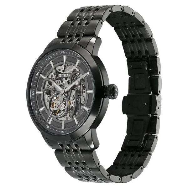Titan Phoenix Skeletal Men's Automatic Watch Black Dial With Black Tone Stainless Steel Band, 90223NM01