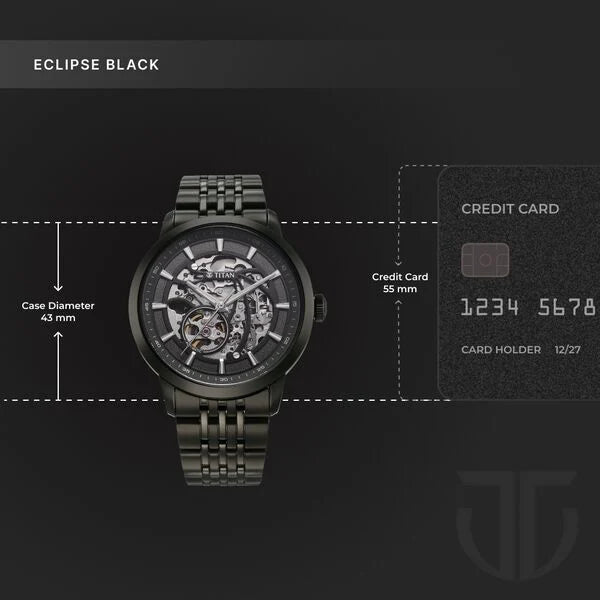 Titan Phoenix Skeletal Men's Automatic Watch Black Dial With Black Tone Stainless Steel Band, 90223NM01
