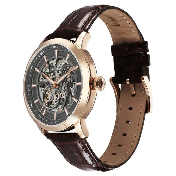 Titan Phoenix Skeletal Men's Automatic Analog with Gun Dial Brown Leather Strap Watch 90223WL01