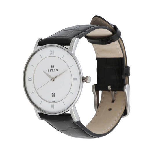 Titan Men's Watch White Dial Black Leather Strap Watch,9162SL04