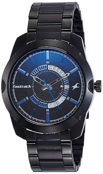 Fastrack Men's Watch Analog, Blue & Black Dial Black Stainless Steel Strap, 3123NM01