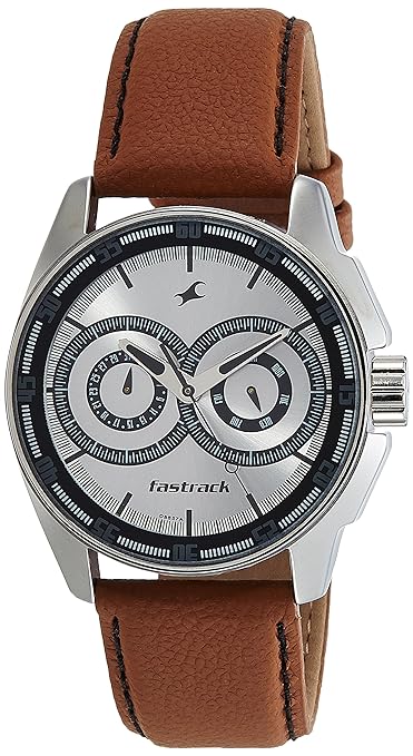 Fastrack Men's Watch Analog, Silver Dial Brown Leather Strap, 3089SL07