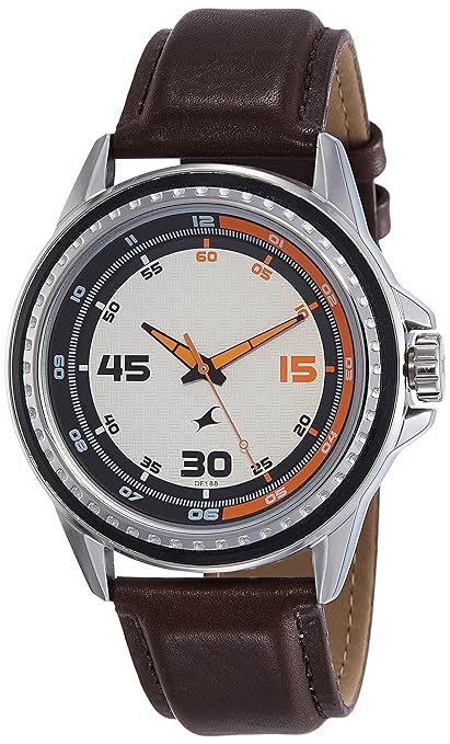 Fastrack Men's Watch Analog, White Dial Brown Leather Strap, 3142SL02