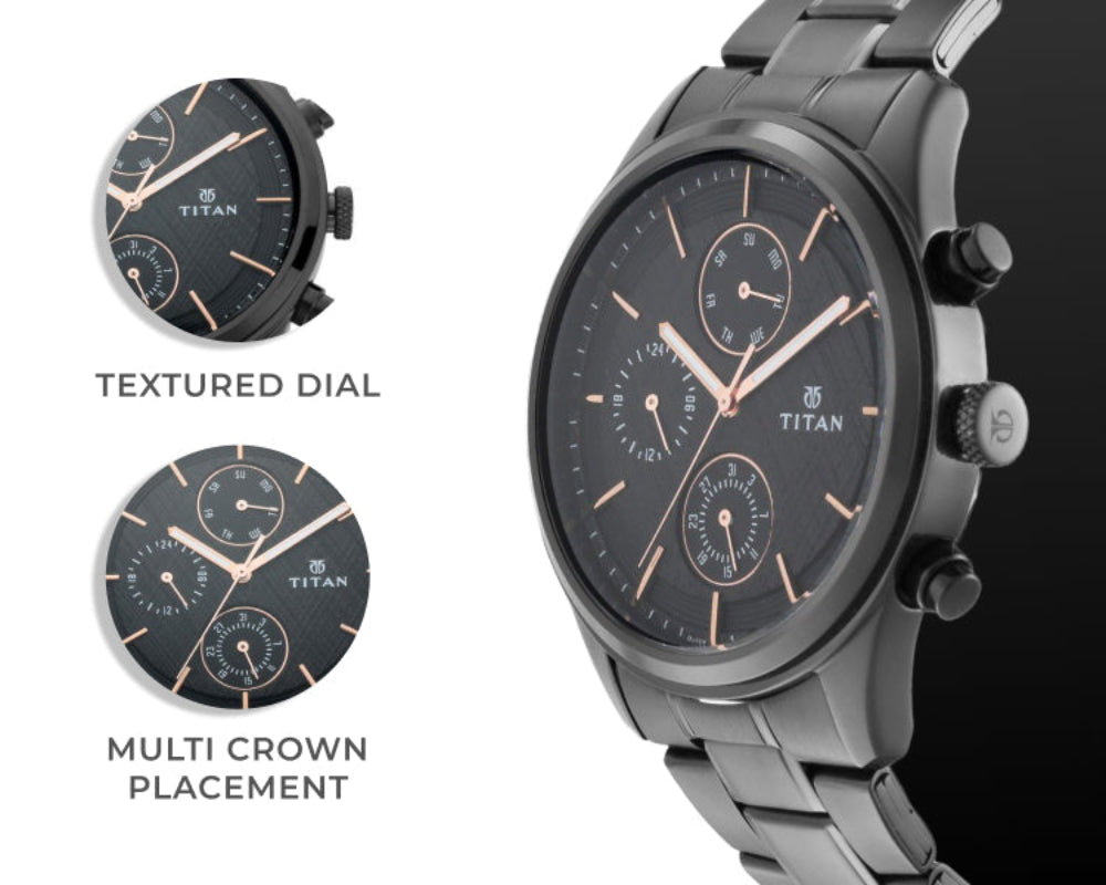 Titan Men's Workwear Watch with Black Dial & Black Stainless Steel Strap, 1805NM01