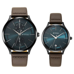 Titan Bandhan Couple's Watch Analog Green Dial with Brown Leather Strap, 9400QL01P