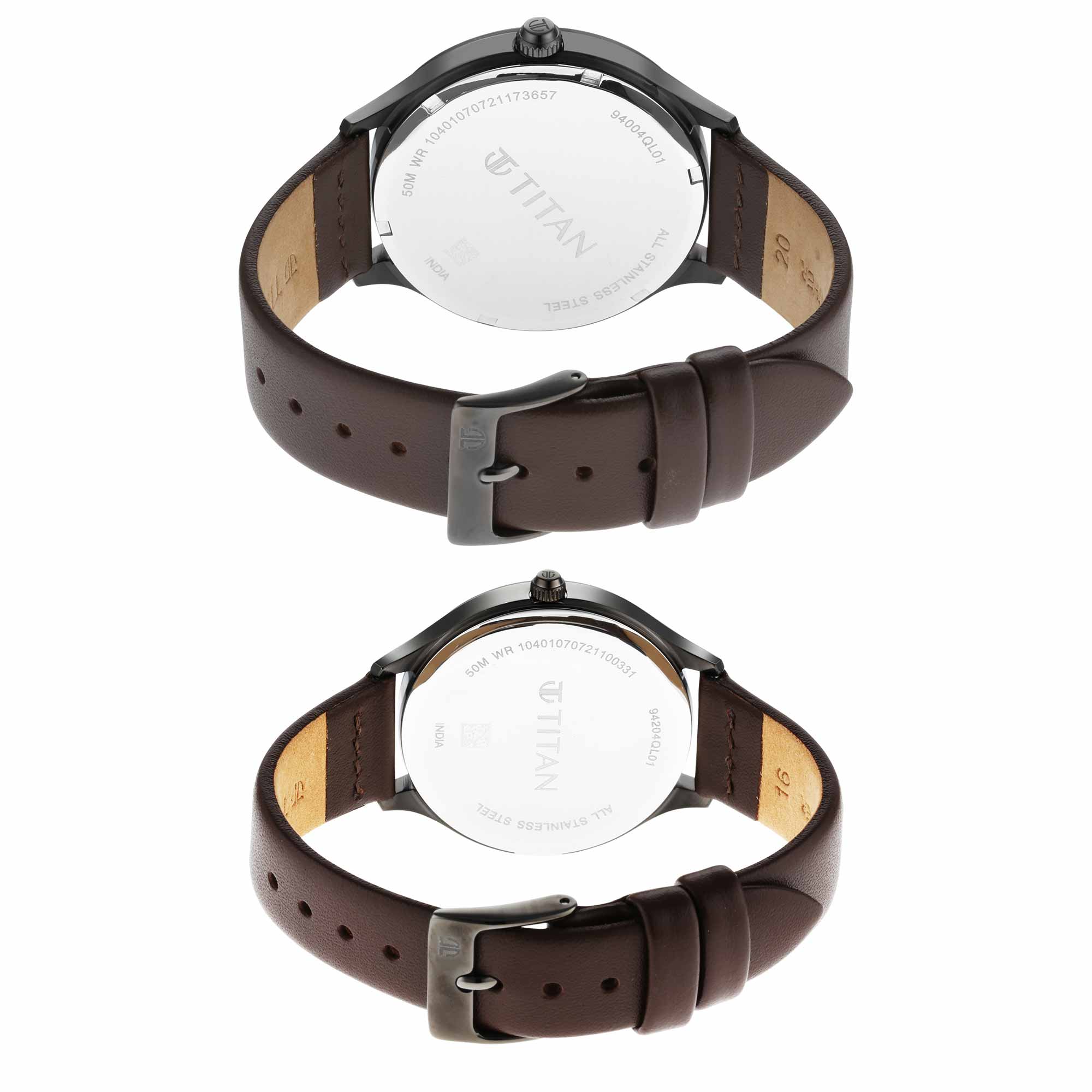 Titan Bandhan Couple's Watch Analog Green Dial with Brown Leather Strap, 9400QL01P