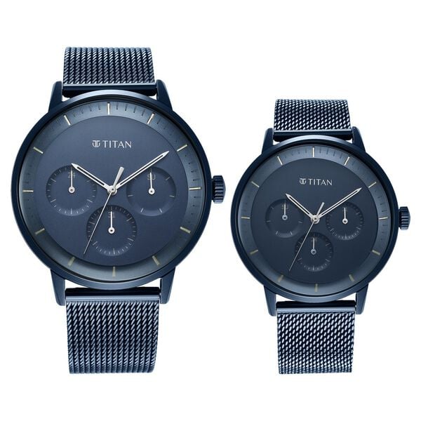 Titan Modern Bandhan Couple's Watch Analog Blue Dial with Blue Mesh Band, 94006SL01P