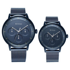 Titan Modern Bandhan Couple's Watch Analog Blue Dial with Blue Mesh Band, 94006SL01P