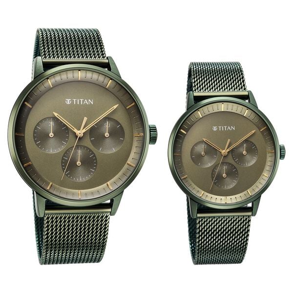 Titan Bandhan Multifunction Couple Watch Analog Green Dial with Green Mesh Band, 9400QM02P