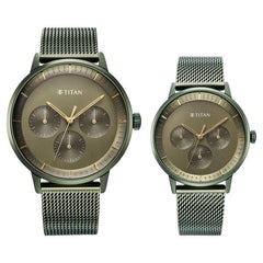 Titan Bandhan Multifunction Couple Watch Analog Green Dial with Green Mesh Band, 9400QM02P