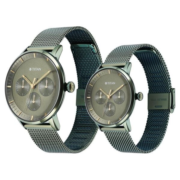 Titan Bandhan Multifunction Couple Watch Analog Green Dial with Green Mesh Band, 9400QM02P