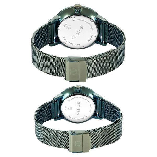 Titan Bandhan Multifunction Couple Watch Analog Green Dial with Green Mesh Band, 9400QM02P