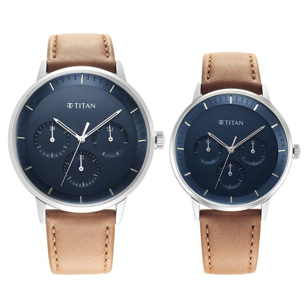 Titan Modern Bandhan Couple's Watch Analog Blue Dial with Brown Leather Strap, 94006SL01P