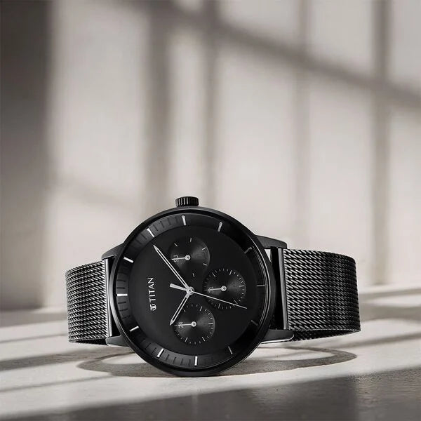 Titan Modern Classics Men's Multifunction Watch Black Dial with Black Mesh Band, 94006NM01