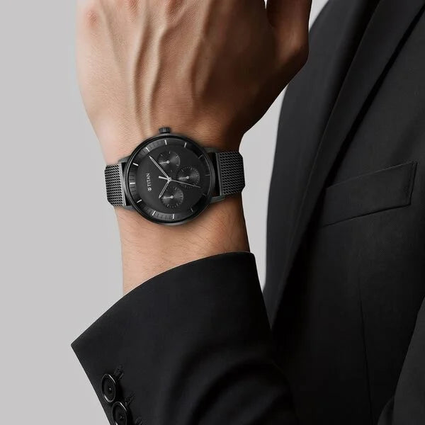 Titan Modern Classics Men's Multifunction Watch Black Dial with Black Mesh Band, 94006NM01