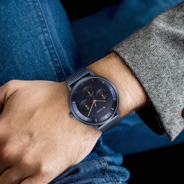 Titan Modern Classics Men's Multifunction Watch Blue Dial with Blue Mesh Band, 94006QM04