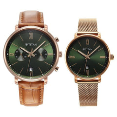 Titan Bandhan Couple Watch Green Dial with Brown Leather Strap & Rose Gold Mesh Band, 94007WZ03P