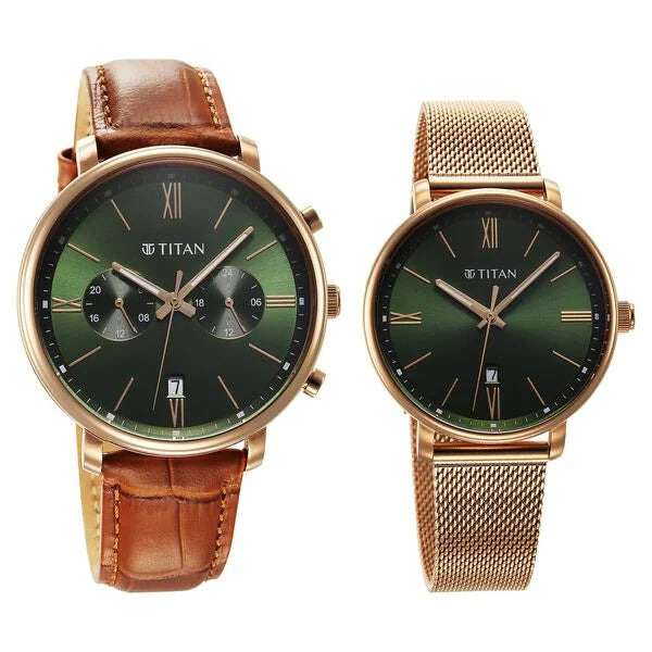 Titan Bandhan Couple Watch Green Dial with Brown Leather Strap & Rose Gold Mesh Band, 94007WZ03P