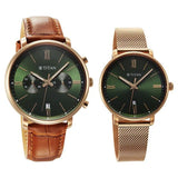 Titan Bandhan Couple Watch Green Dial with Brown Leather Strap & Rose Gold Mesh Band, 94007WZ03P
