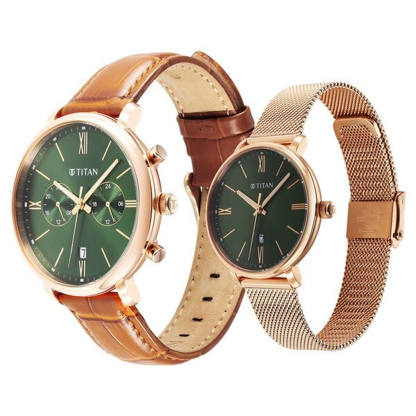 Titan Bandhan Couple Watch Green Dial with Brown Leather Strap & Rose Gold Mesh Band, 94007WZ03P