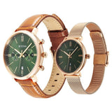 Titan Bandhan Couple Watch Green Dial with Brown Leather Strap & Rose Gold Mesh Band, 94007WZ03P