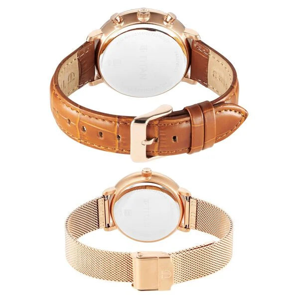 Titan Bandhan Couple Watch Green Dial with Brown Leather Strap & Rose Gold Mesh Band, 94007WZ03P