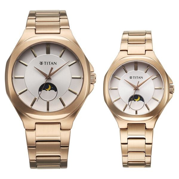 Titan Bandhan Couple Watch Analog with Sun - Moon Silver Dial & Rose Gold Stainless Steel Band, 94009WM01P