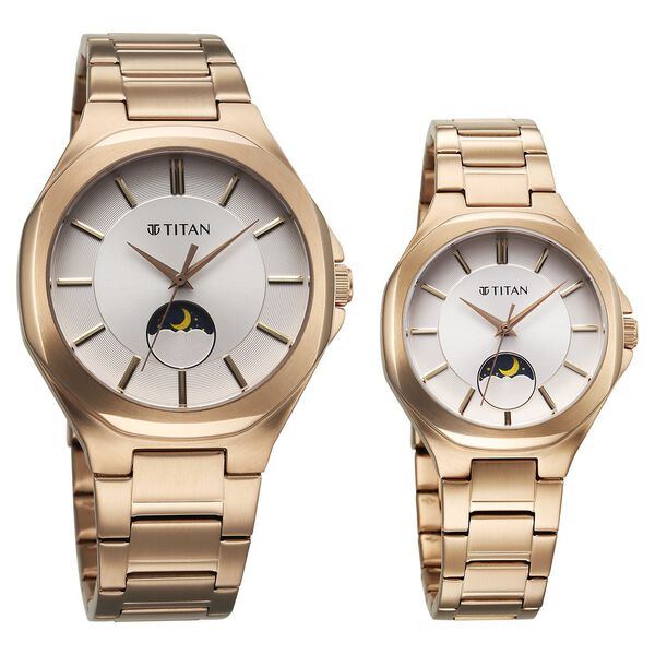 Titan Bandhan Couple Watch Analog with Sun - Moon Silver Dial & Rose Gold Stainless Steel Band, 94009WM01P