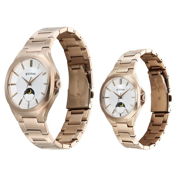 Titan Bandhan Couple Watch Analog with Sun - Moon Silver Dial & Rose Gold Stainless Steel Band, 94009WM01P