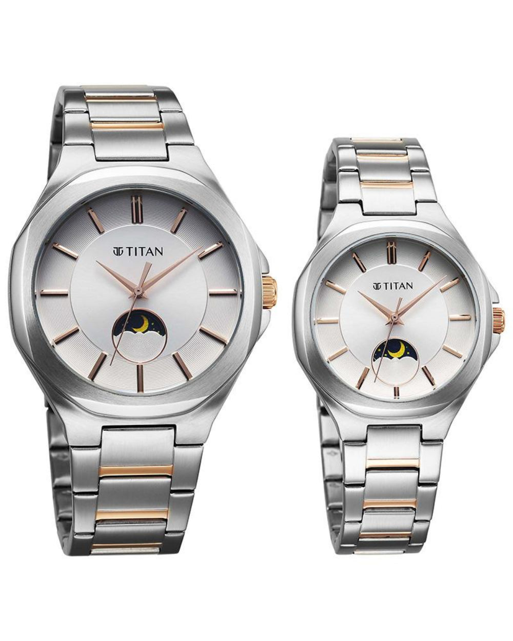 Titan Bandhan Couple Watch Analog Sun-Moon Silver Dial Two Toned Stainless Steel Band, 94009KM01P