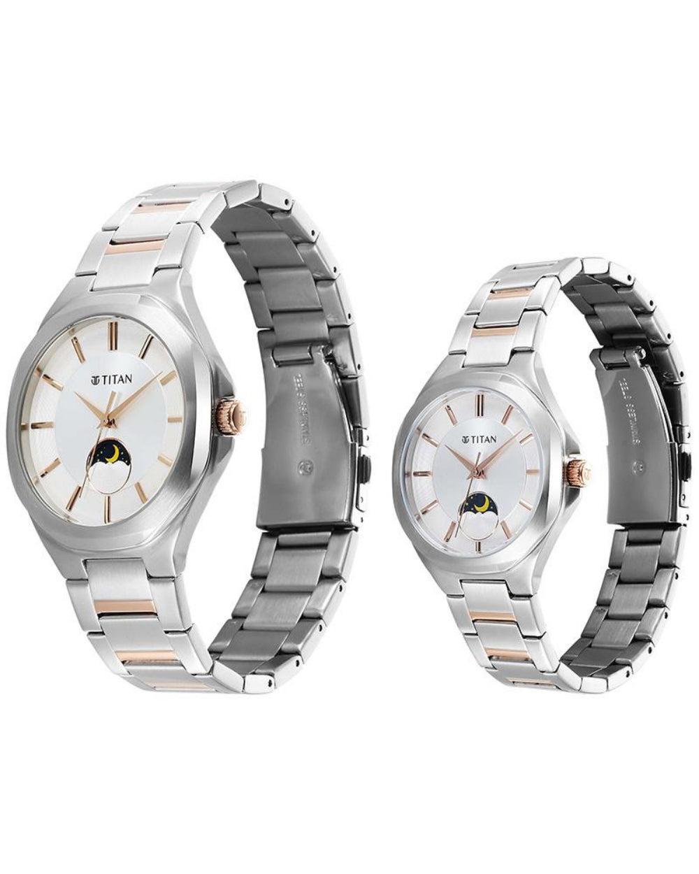 Titan Bandhan Couple Watch Analog Sun-Moon Silver Dial Two Toned Stainless Steel Band, 94009KM01P