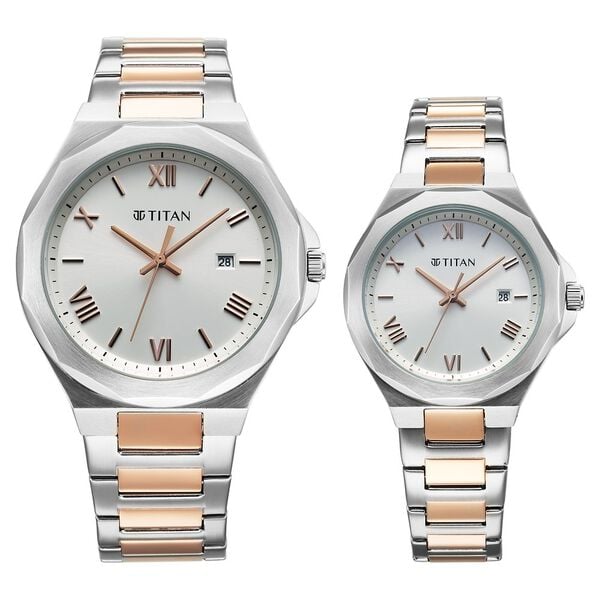 Titan Bandhan Couple Watch Silver Dial with Two-Toned Stainless Steel Band, 