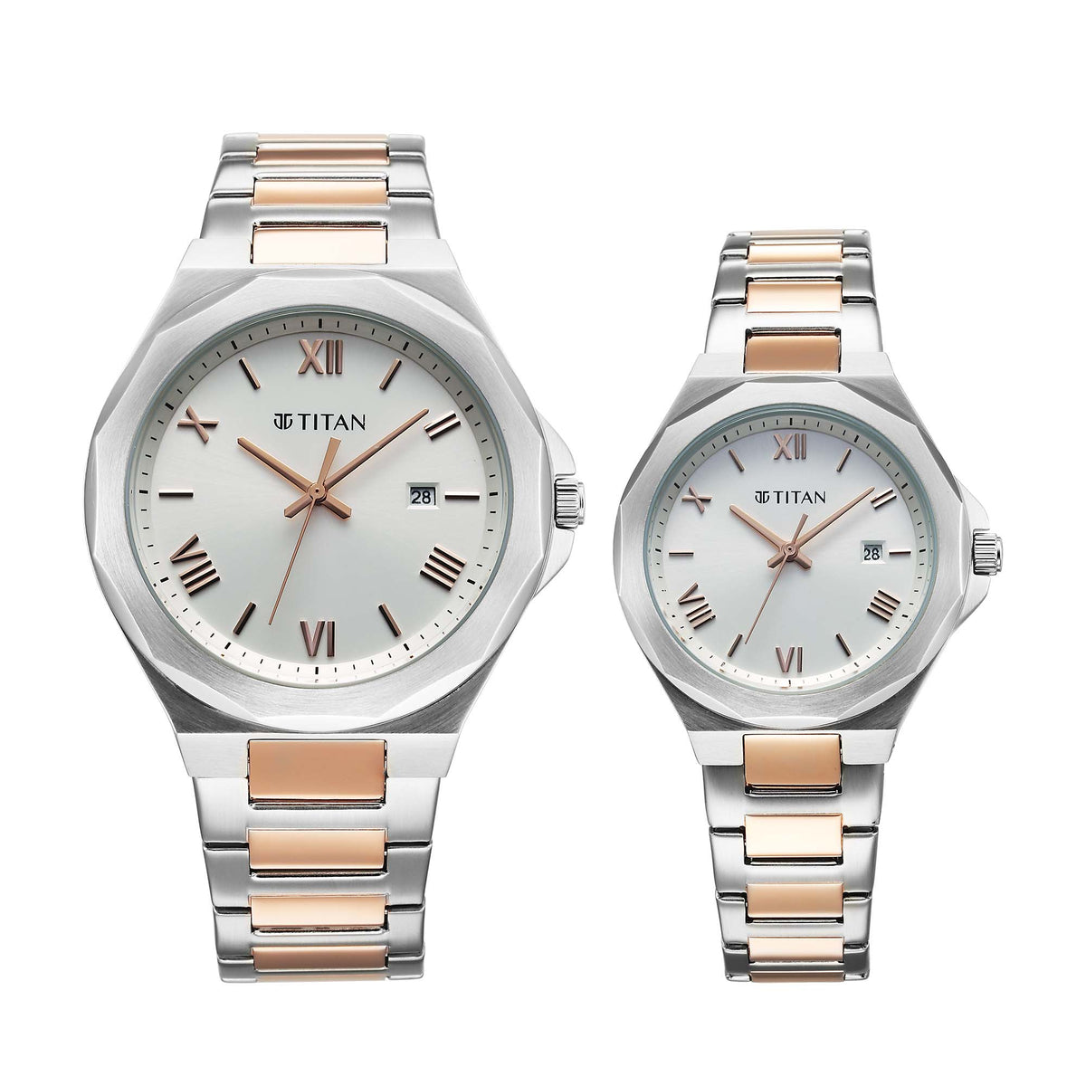 Titan Bandhan Couple Watch Silver Dial with Two-Toned Stainless Steel Band, 94010KM01P