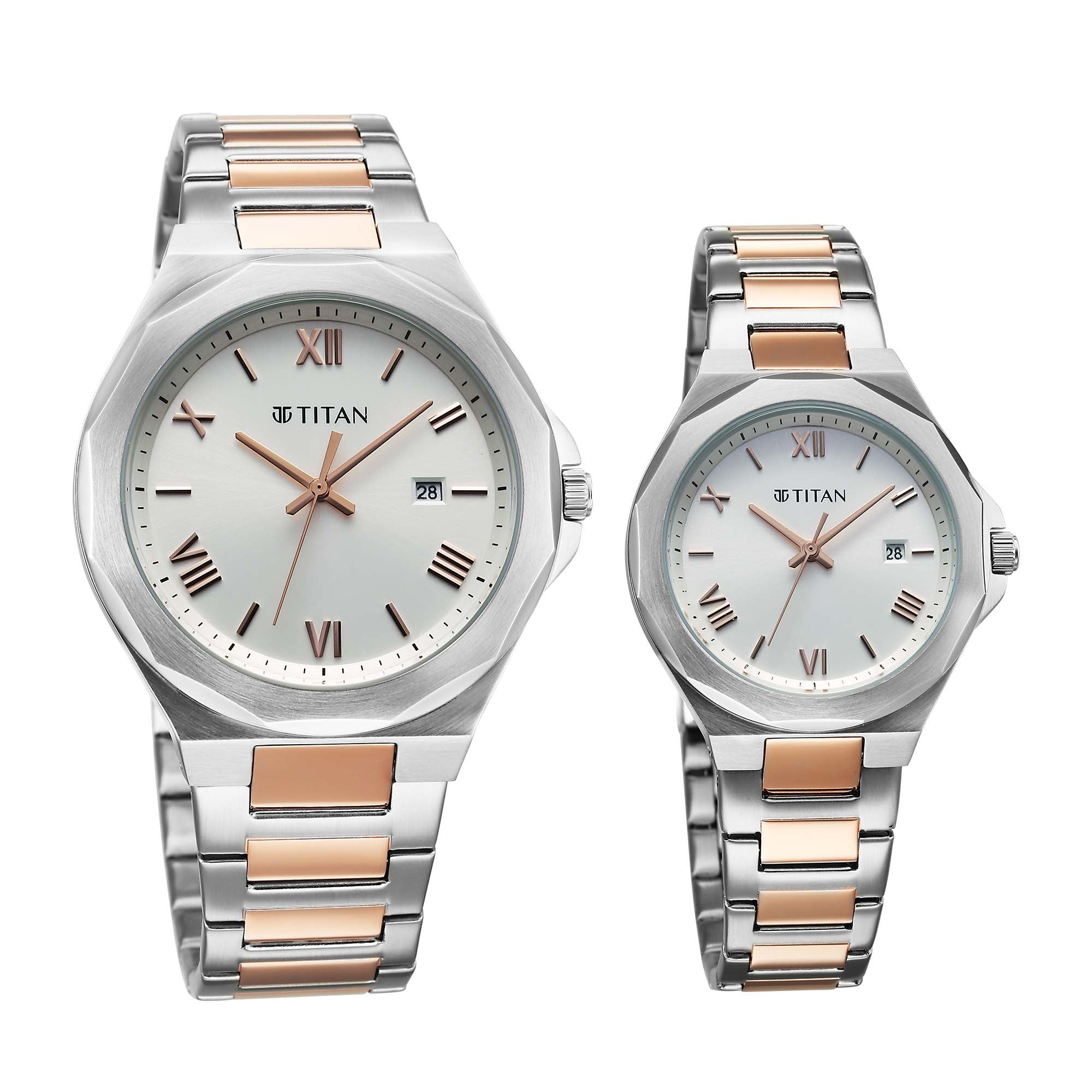 Titan Bandhan Couple Watch Silver Dial with Two-Toned Stainless Steel Band, 94010KM01P