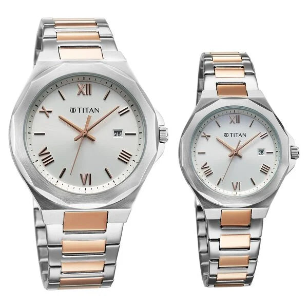 Titan Bandhan Couple Watch Silver Dial with Two-Toned Stainless Steel Band, 94010KM01P
