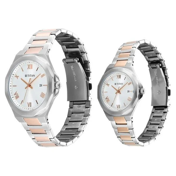 Titan Bandhan Couple Watch Silver Dial with Two-Toned Stainless Steel Band, 94010KM01P