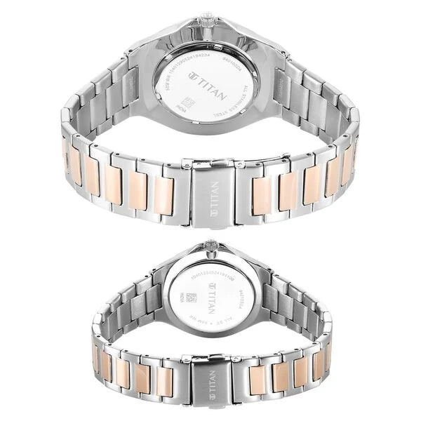 Titan Bandhan Couple Watch Silver Dial with Two-Toned Stainless Steel Band, 94010KM01P