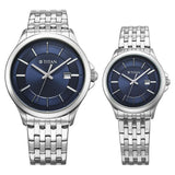 Titan Couple Watch Analog Blue Dial with Silver Stainless Steel Band, 94011SM01P