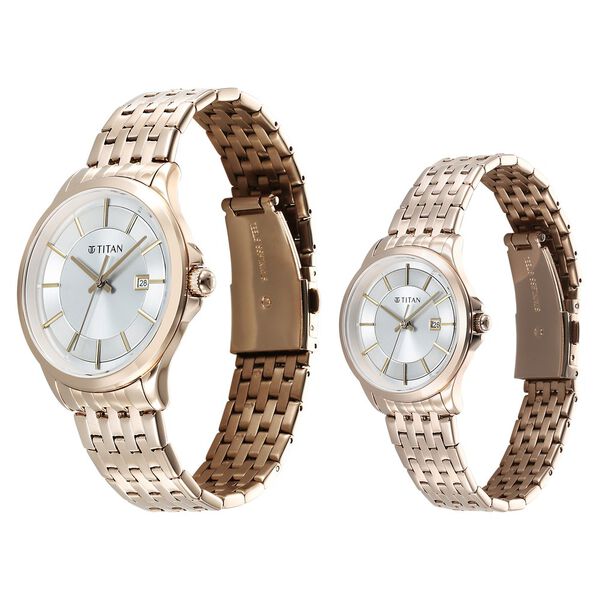 Titan Bandhan Couple Watch Analog with Silver Dial Rose Gold Stainless Steel Band, 94011WM01P